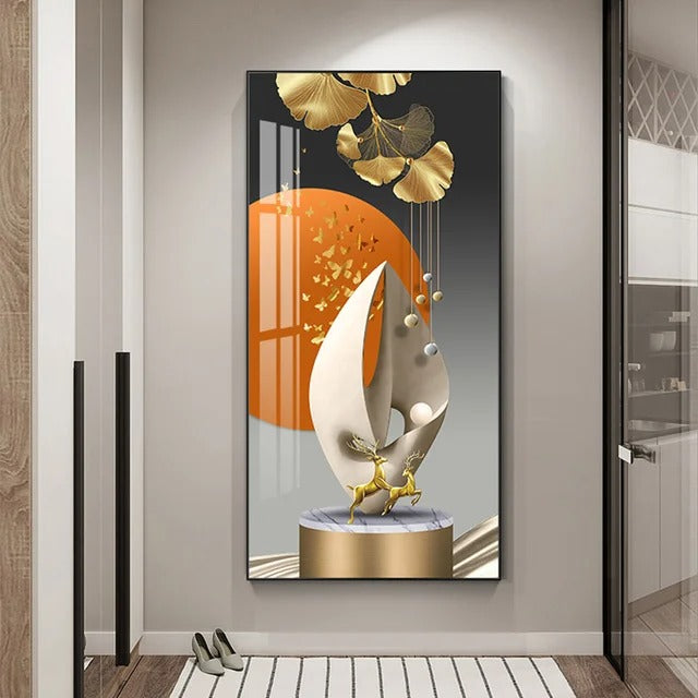 Modern Nordic Golden Leaf Deer Lantern Poster Wall Art Painting Canvas Living Room Decoration House Cuadros