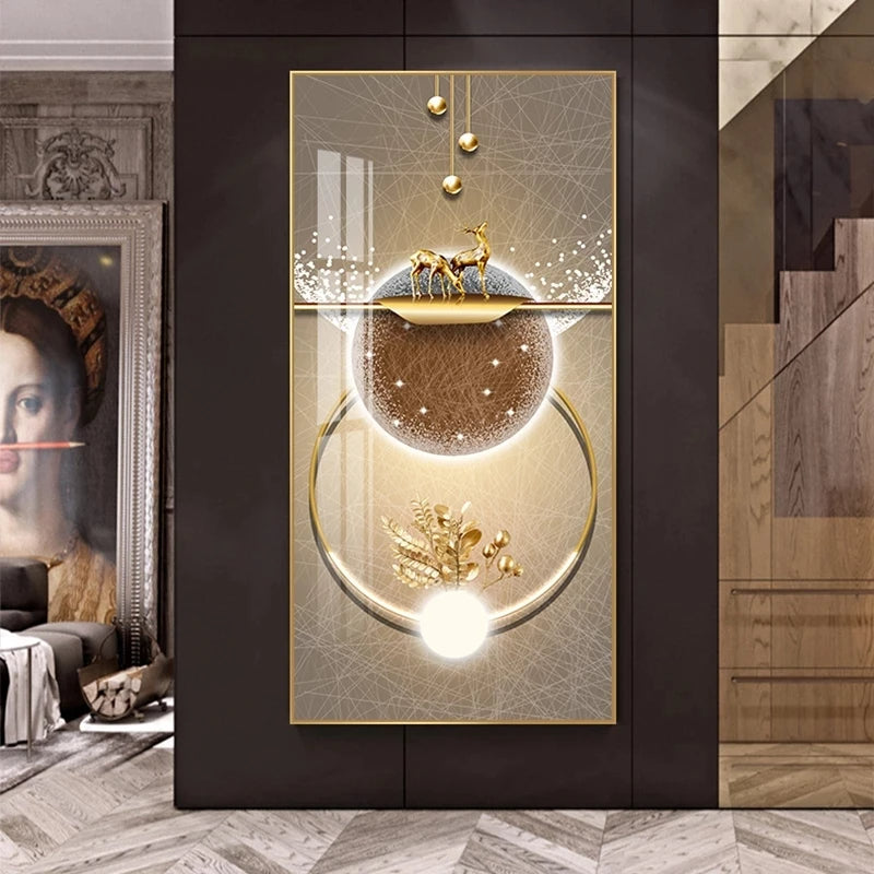 Modern Nordic Golden Leaf Deer Lantern Poster Wall Art Painting Canvas Living Room Decoration House Cuadros