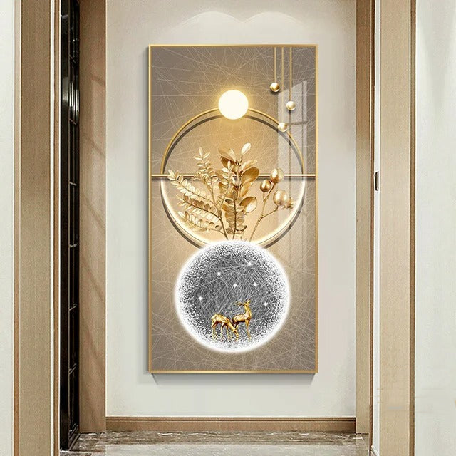 Modern Nordic Golden Leaf Deer Lantern Poster Wall Art Painting Canvas Living Room Decoration House Cuadros